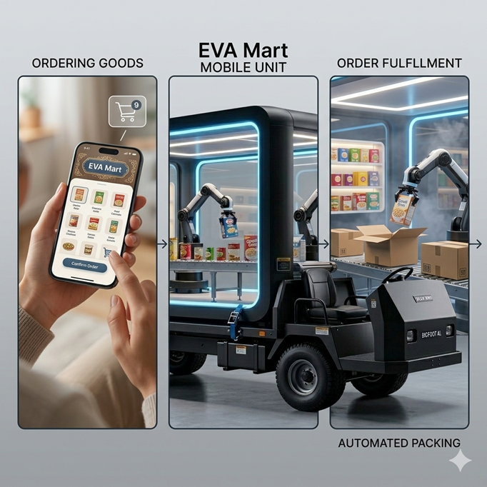 EVA Mart mobile unit with arm robots stocking shelves