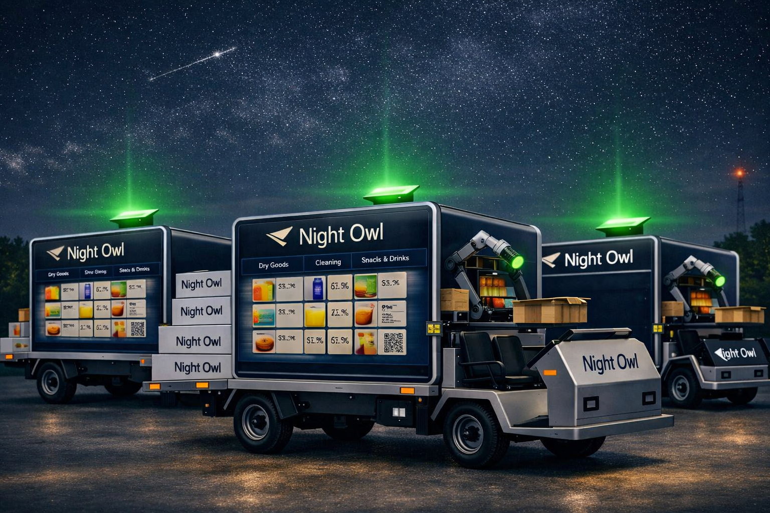 Night sky above EVA autonomous units representing orbital intelligence and Starlink-powered communications